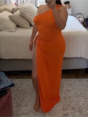 One-Shoulder Orange Maxi Dress with Side Ruched Slit cover up